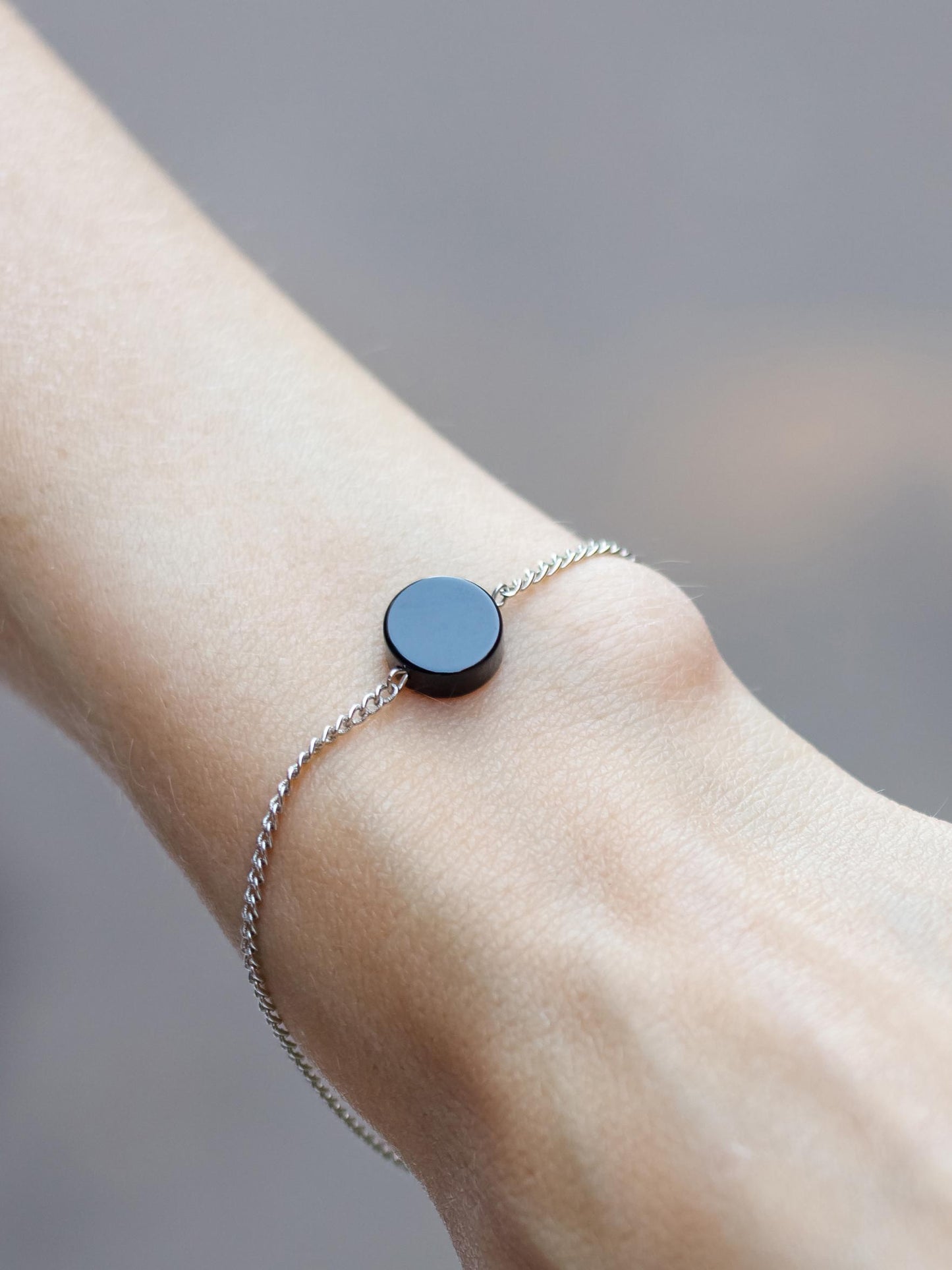 Italian Charm Bracelet, Silver Chain Onyx Bracelet, Minimalist Dainty Gemstone Jewelry, Y2K Protection Gift for Him Her, Adjustable Stack
