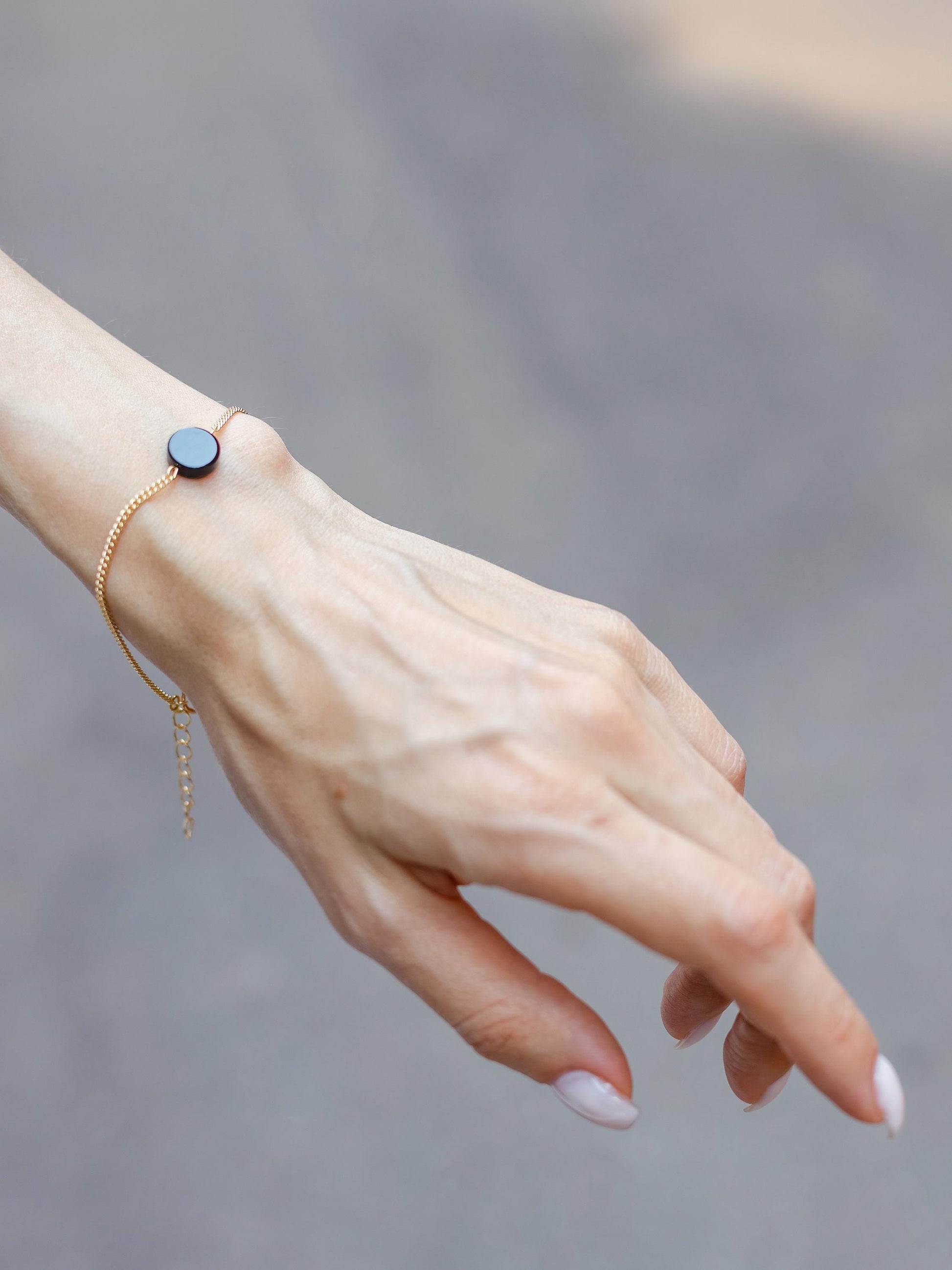 Italian Charm Bracelet, Silver Chain Onyx Bracelet, Minimalist Dainty Gemstone Jewelry, Y2K Protection Gift for Him Her, Adjustable Stack