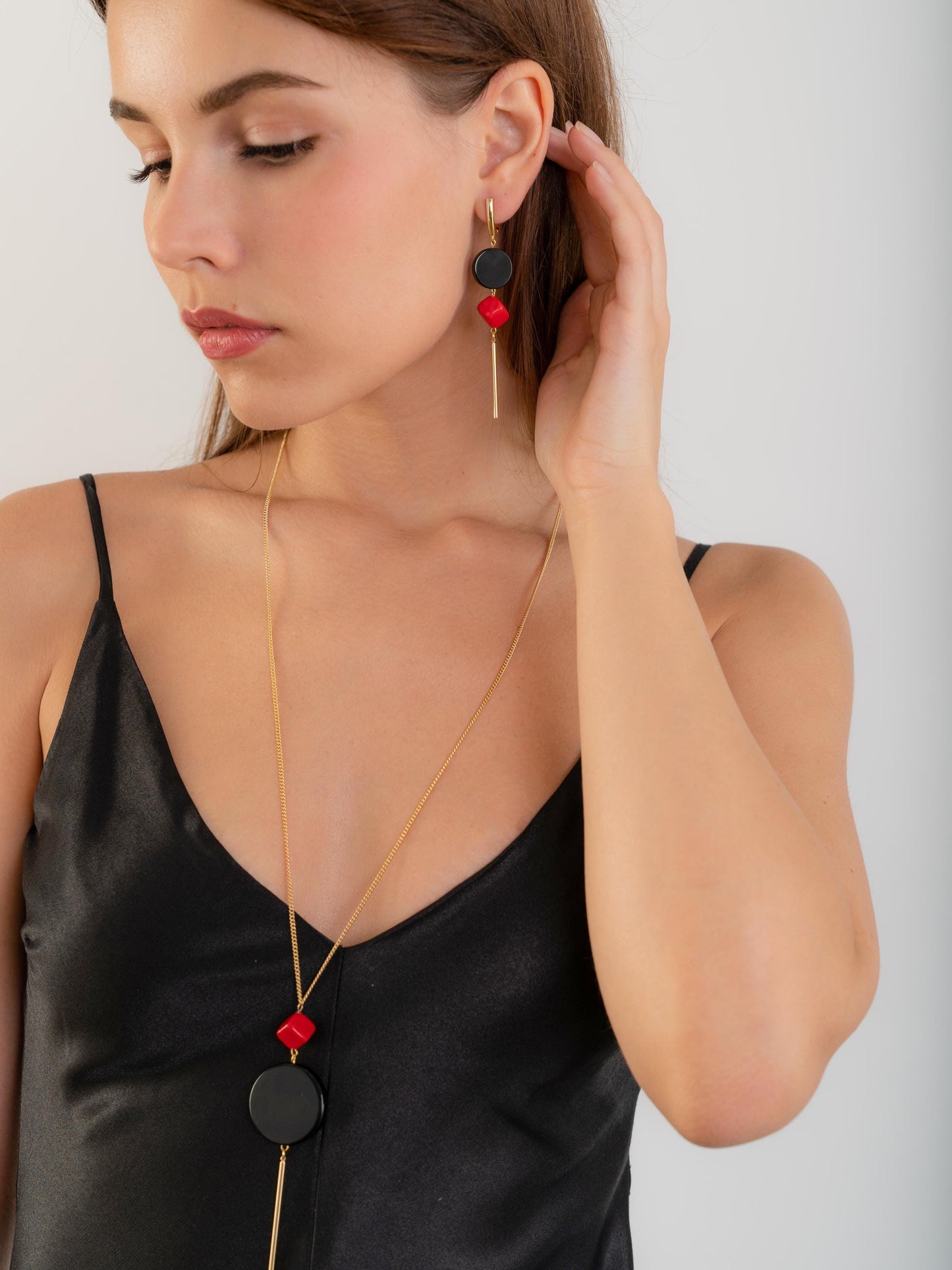 Geometric Dangle Earrings – Black Onyx & Red Coral Drop Earrings – Statement Handmade Jewelry Gift for Her – Quirky Gold Earrings