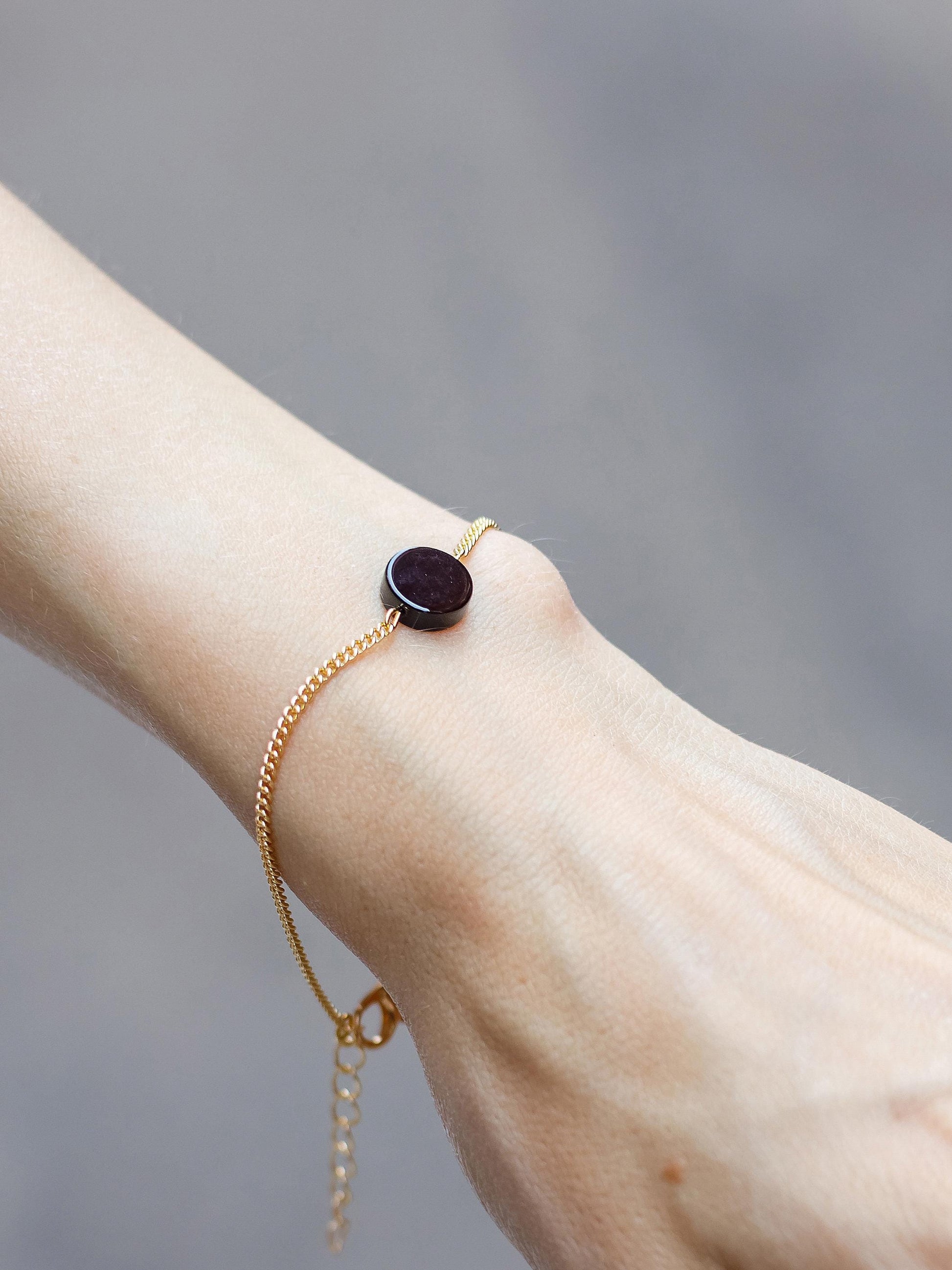 Italian Charm Bracelet, Silver Chain Onyx Bracelet, Minimalist Dainty Gemstone Jewelry, Y2K Protection Gift for Him Her, Adjustable Stack