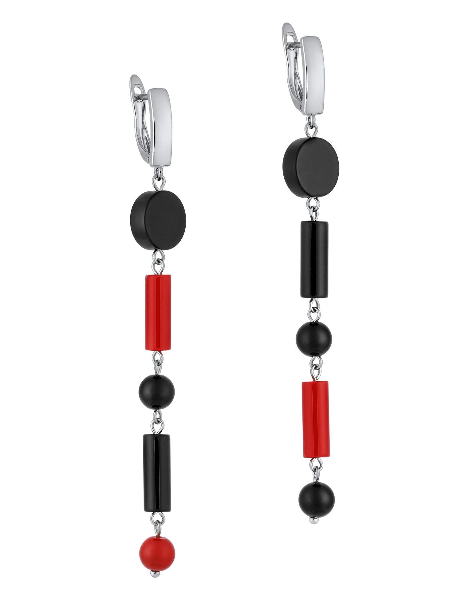 Asymmetric Long Dangle Earrings – Black Onyx & Red Accent Statement Jewelry | Handmade Geometric Drop Earrings | Quirky Silver Gift for Her