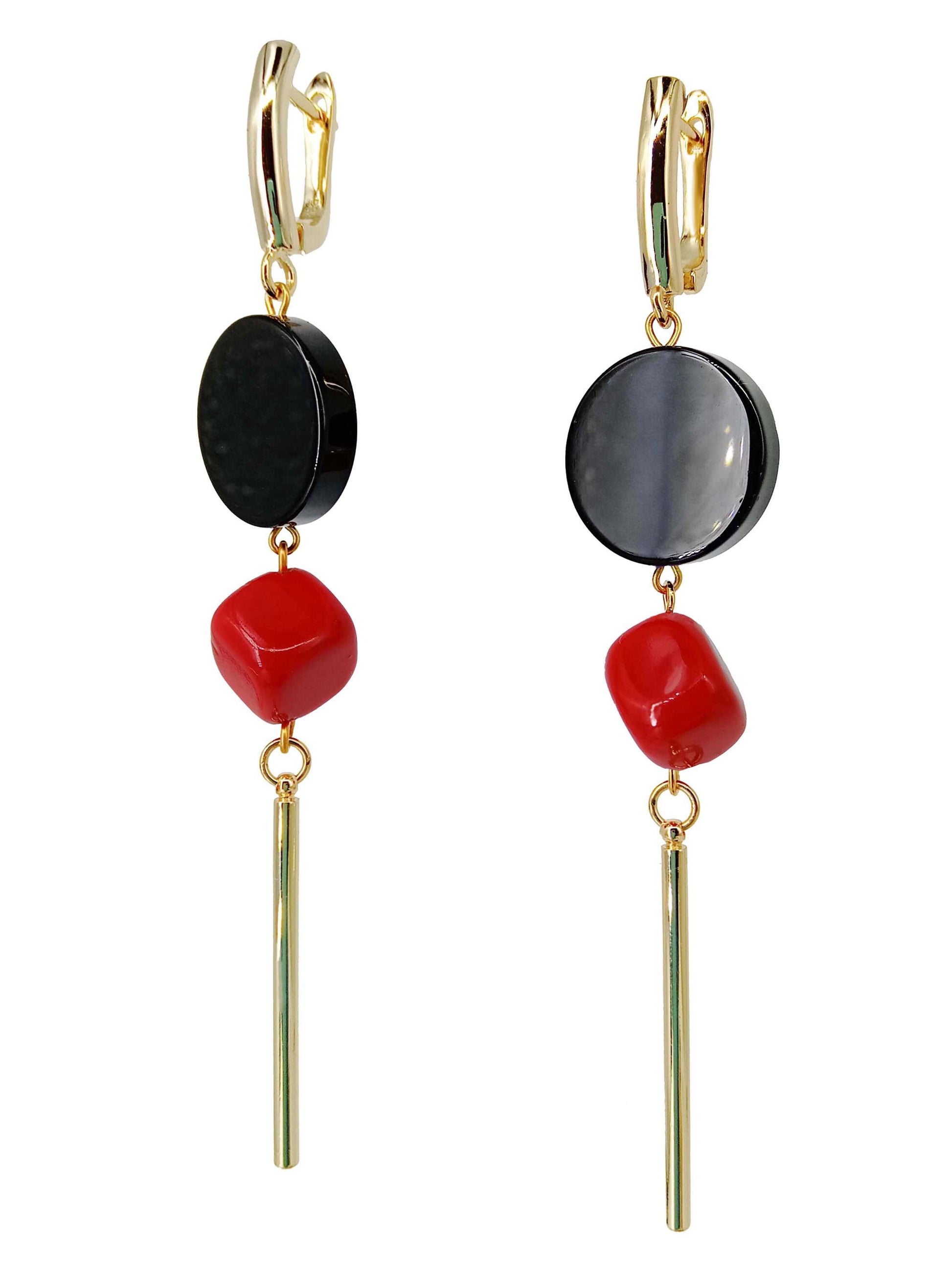 Geometric Dangle Earrings – Black Onyx & Red Coral Drop Earrings – Statement Handmade Jewelry Gift for Her – Quirky Gold Earrings