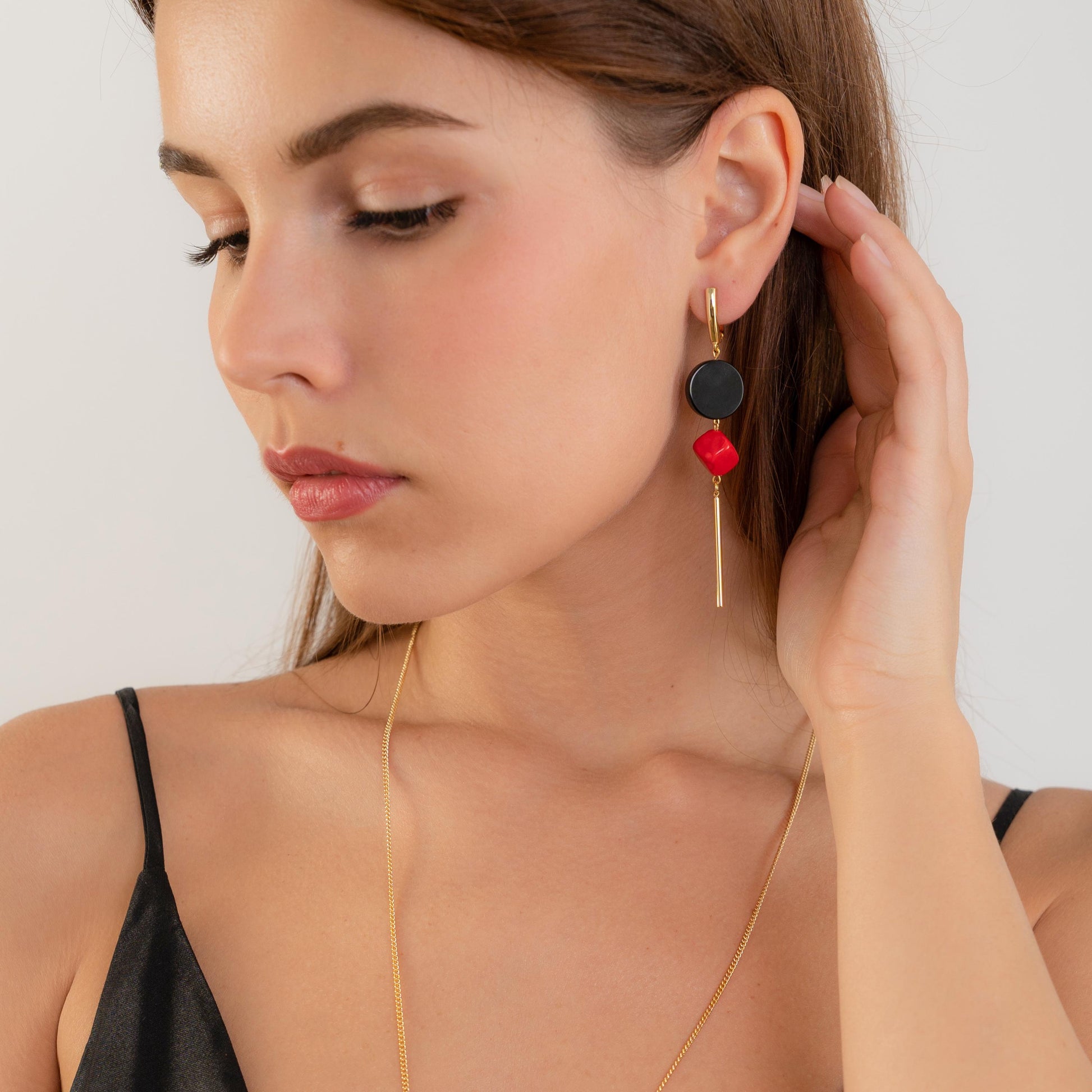 Geometric Dangle Earrings – Black Onyx & Red Coral Drop Earrings – Statement Handmade Jewelry Gift for Her – Quirky Gold Earrings