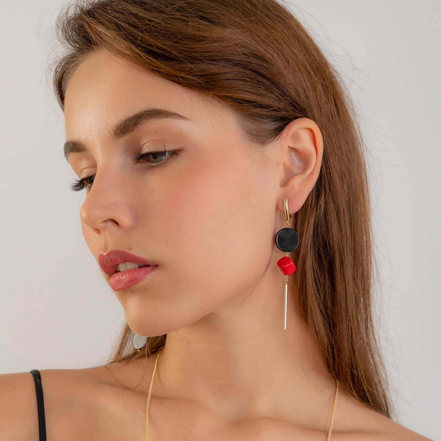 Geometric Dangle Earrings – Black Onyx & Red Coral Drop Earrings – Statement Handmade Jewelry Gift for Her – Quirky Gold Earrings