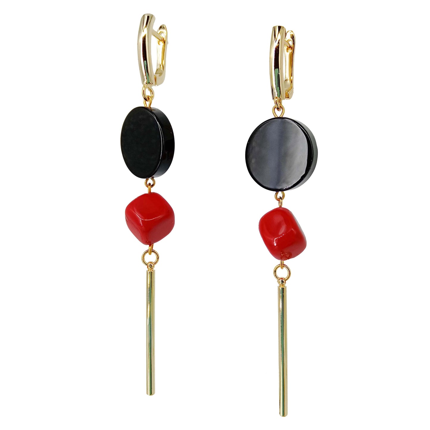 Geometric Dangle Earrings – Black Onyx & Red Coral Drop Earrings – Statement Handmade Jewelry Gift for Her – Quirky Gold Earrings