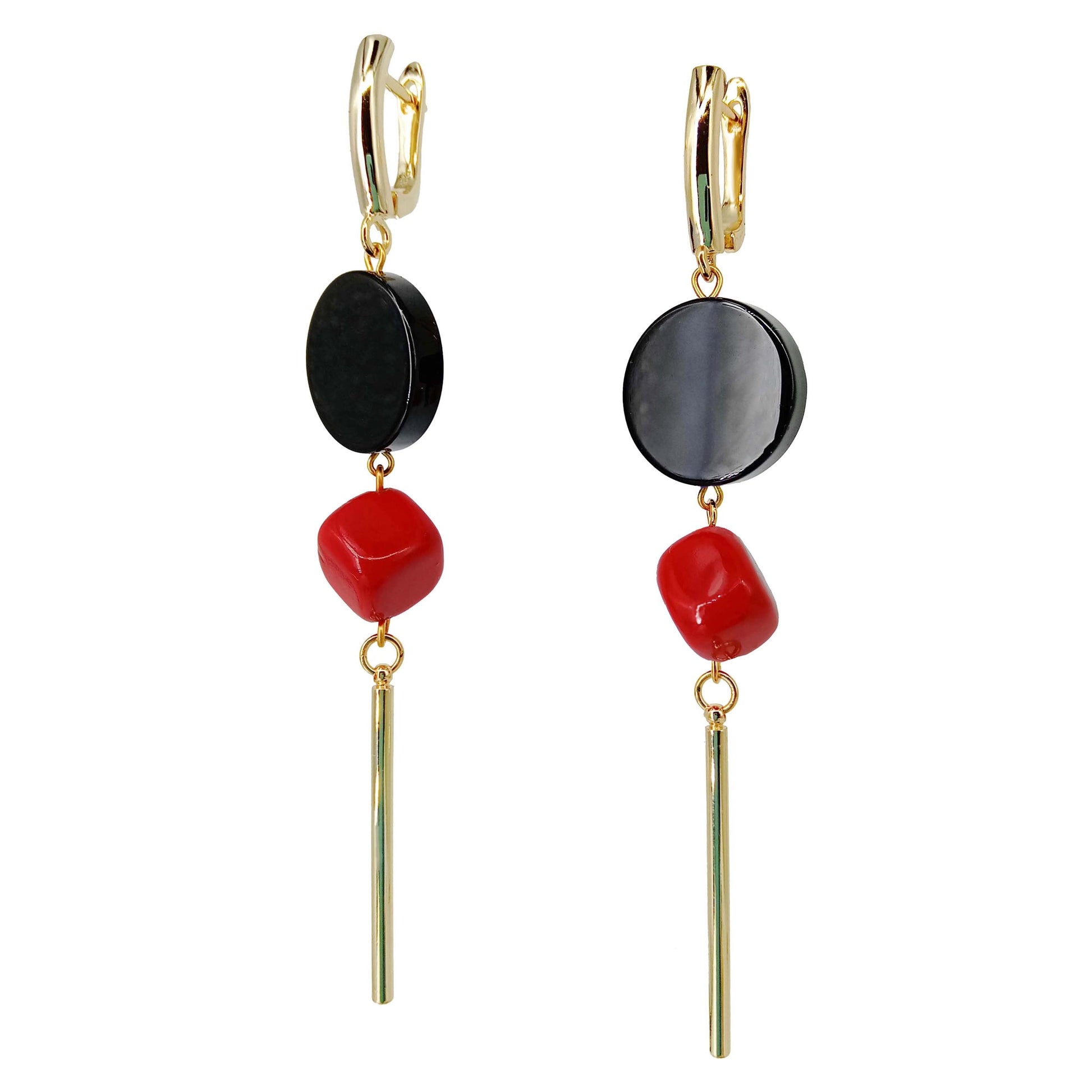 Geometric Dangle Earrings – Black Onyx & Red Coral Drop Earrings – Statement Handmade Jewelry Gift for Her – Quirky Gold Earrings