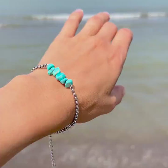 Turquoise Crystal Silver Chain Bracelet – Bohemian Y2K Hand Chain Jewelry, Unique Gift for Her, Birthstone Howlite Bracelet Stack Style